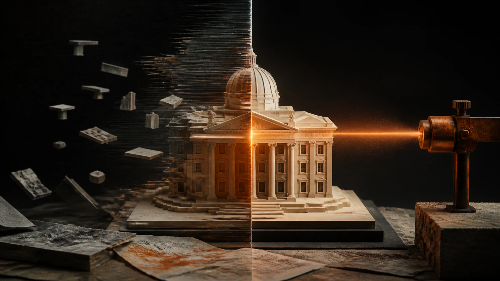 Distorted business model being realigned into one accurate architectural form by an orange calibration beam