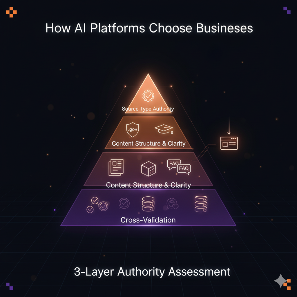 How AI platforms choose which businesses to cite - weighted authority assessment diagram